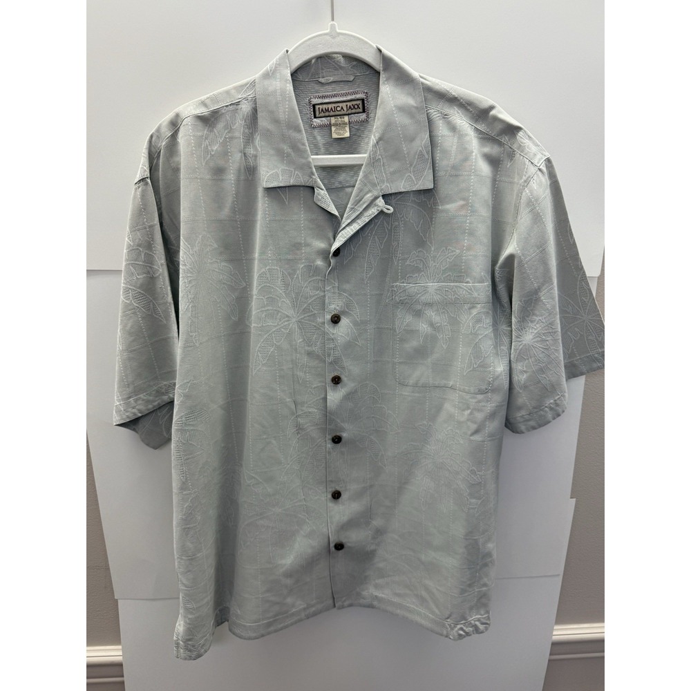Jamaica Jaxx Mens XL Silk Beige Palm Tree Jacquard Short Sleeve Button Up Shirt